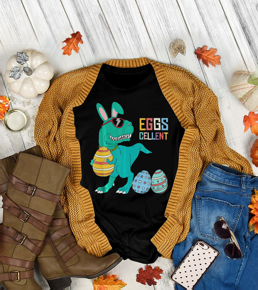 Easter Dinosaur Eggs Cellent T-Rex with Sunglasses and Striped Polka Dot Eggs T-Shirt