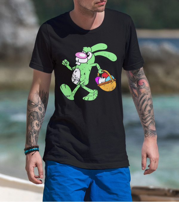 Retro Vintage Grunge Easter Bunny With Colorful Egg Basket T-Shirt