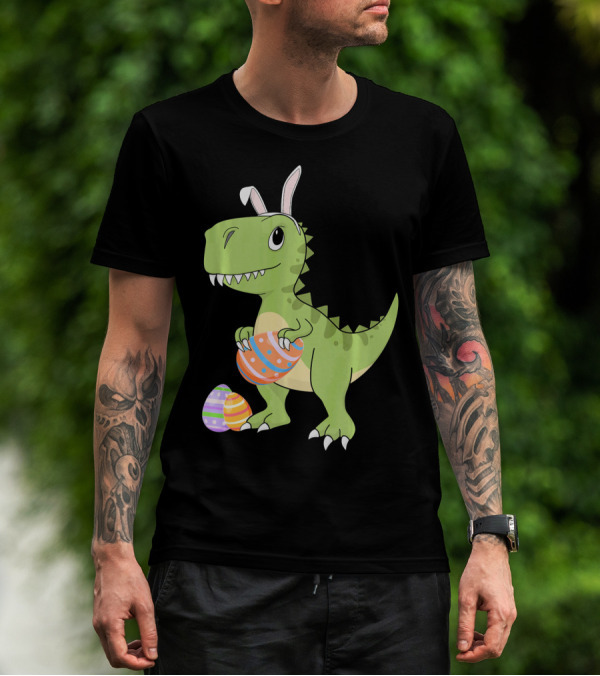 Easter Dinosaur Kids T-Rex With Bunny Ears Holding Colorful Eggs T-Shirt