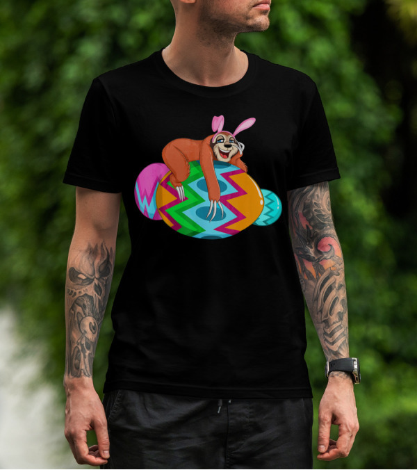 Cool Lazy Sloth Bunny On Colorful Easter Egg Hunt T-Shirt
