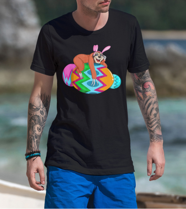 Cool Lazy Sloth Bunny On Colorful Easter Egg Hunt T-Shirt
