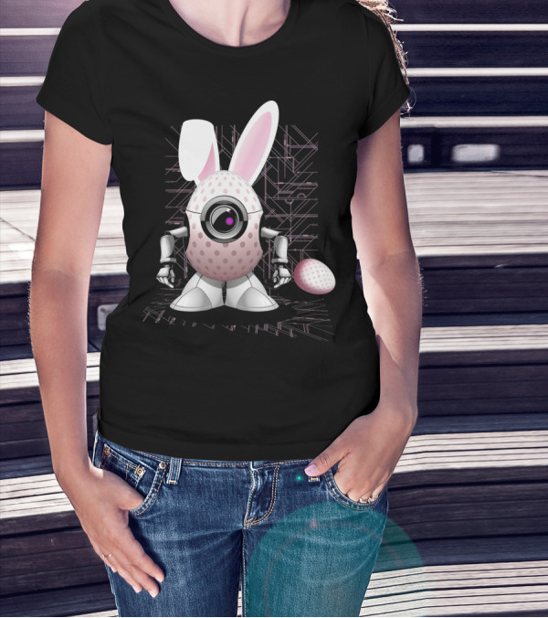 Happy Easter Bunny Robot Egg With Camera Eye And Circuit Background T-Shirt