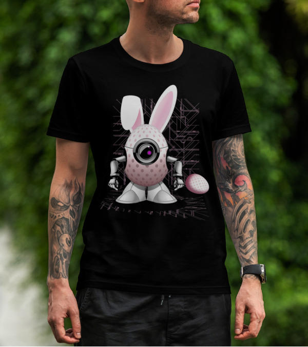 Happy Easter Bunny Robot Egg With Camera Eye And Circuit Background T-Shirt