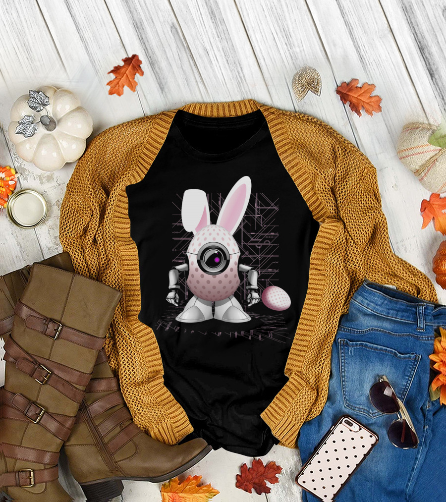 Happy Easter Bunny Robot Egg with Camera Eye and Circuit Background T-Shirt