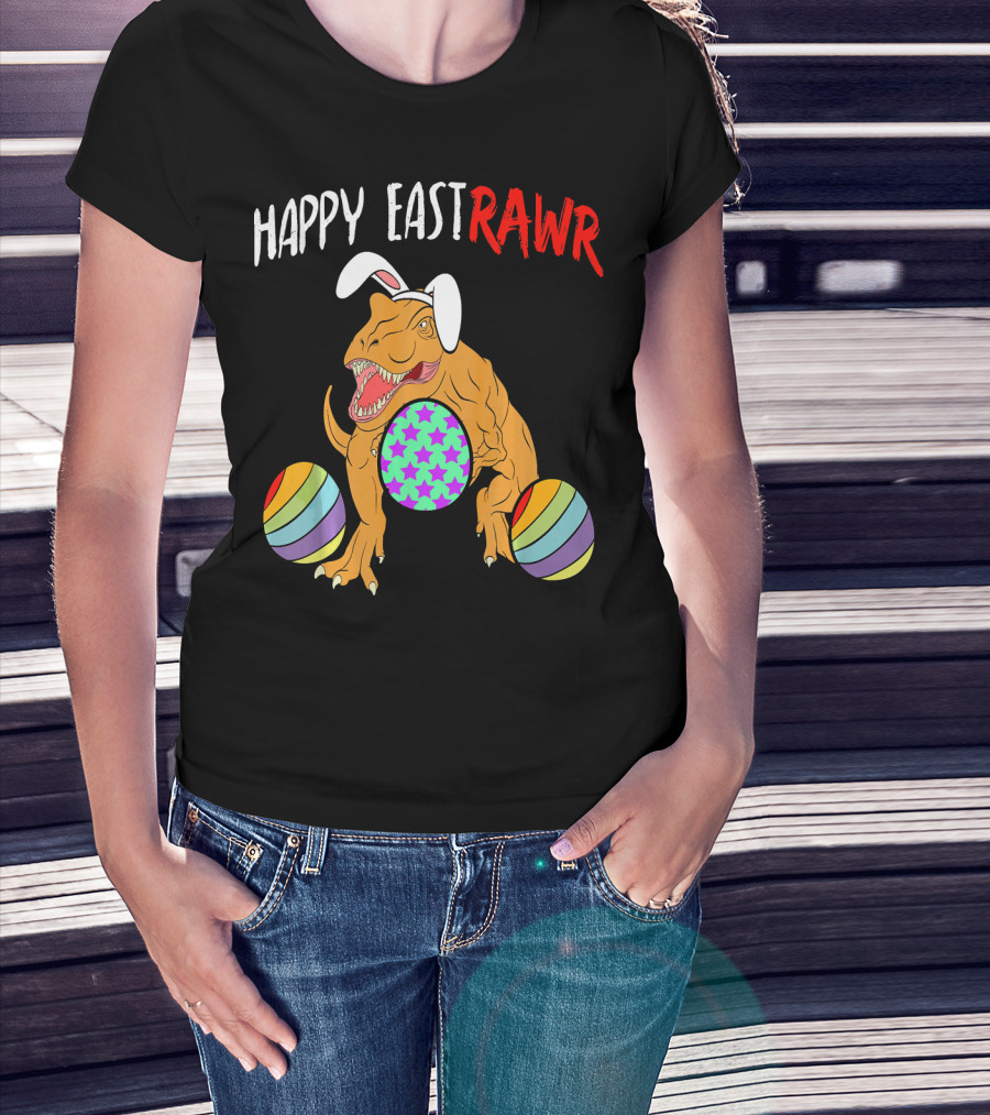 Happy Eastrawr Dinosaur Easter With Bunny Ears And Colorful Eggs T-Shirt