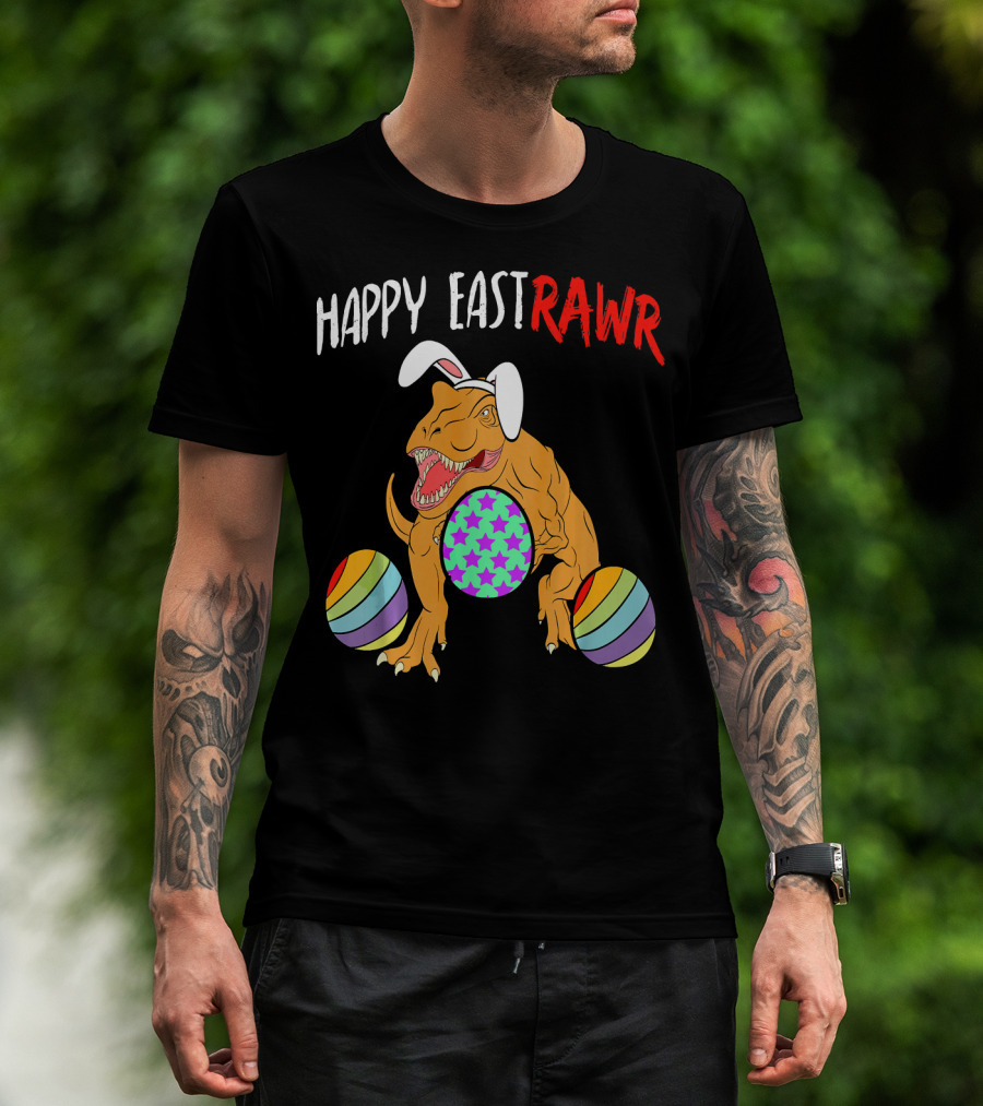 Happy Eastrawr Dinosaur Easter With Bunny Ears And Colorful Eggs T-Shirt