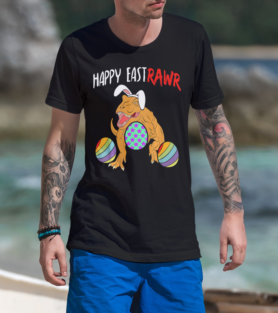 Happy Eastrawr Dinosaur Easter With Bunny Ears And Colorful Eggs T-Shirt