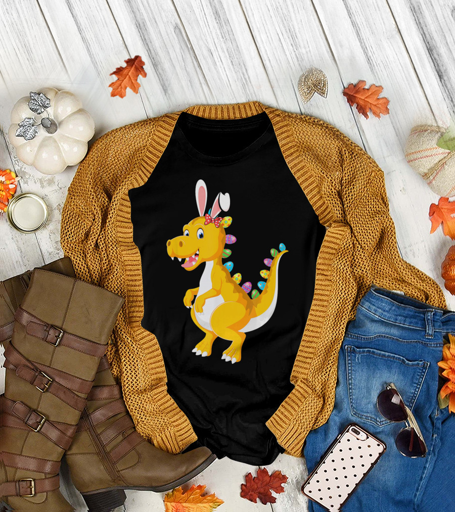 Dinosaur Rex with Bunny Ears and Easter Eggs T-Shirt