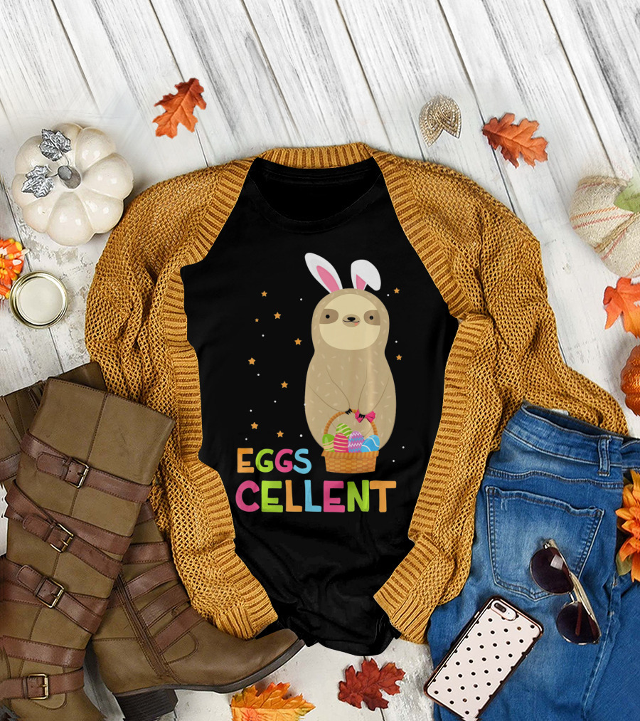 Sloth in Bunny Ears Holding Easter Eggs Cellent Basket T-Shirt