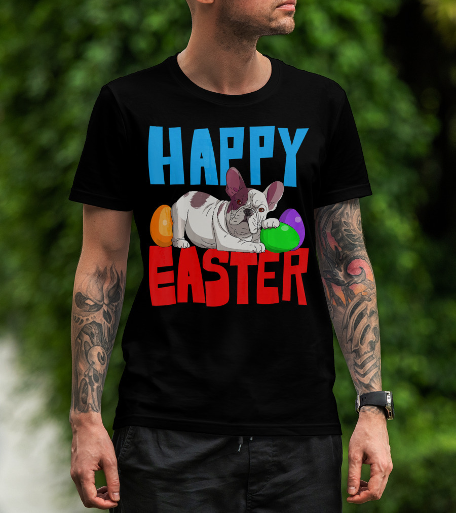 Happy Easter French Bulldog With Colorful Eggs T-Shirt