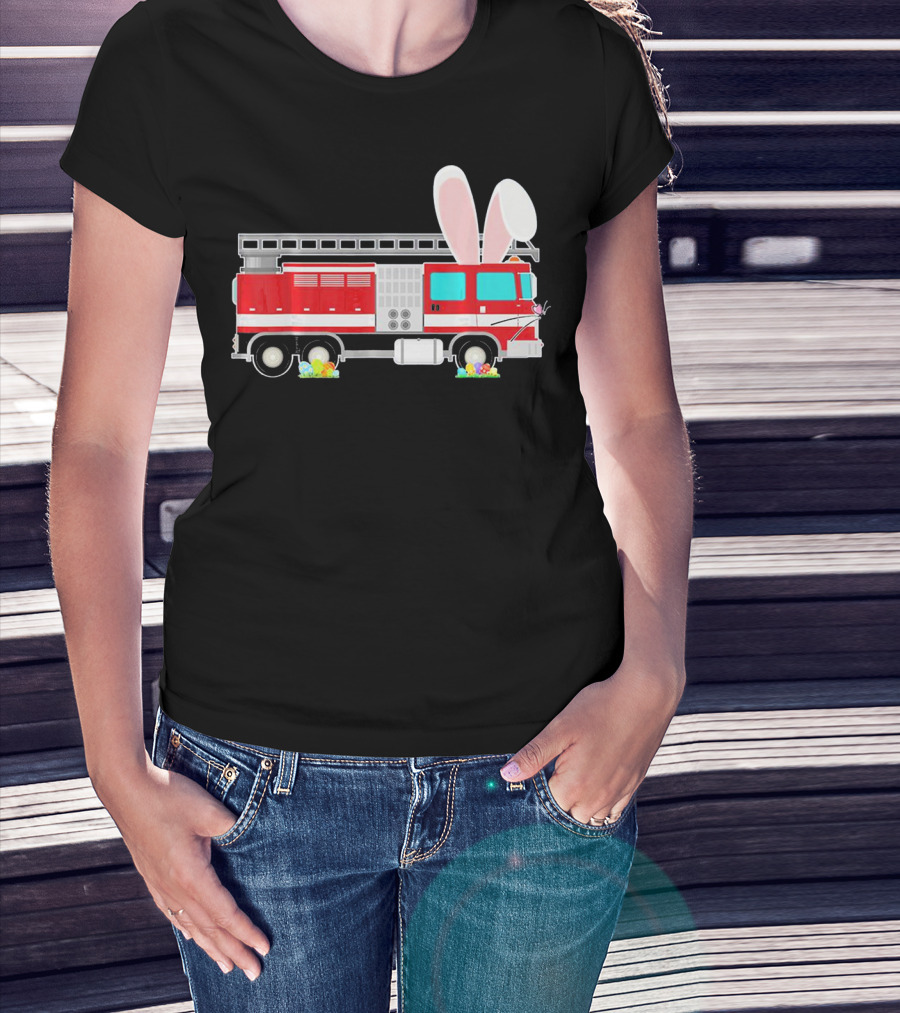 Easter Bunny Ear Fire Truck With Eggs And Carrots T-Shirt