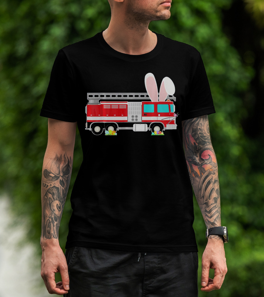 Easter Bunny Ear Fire Truck With Eggs And Carrots T-Shirt