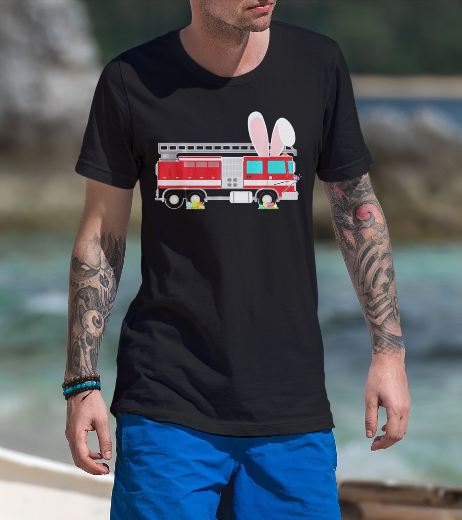 Easter Bunny Ear Fire Truck With Eggs And Carrots T-Shirt