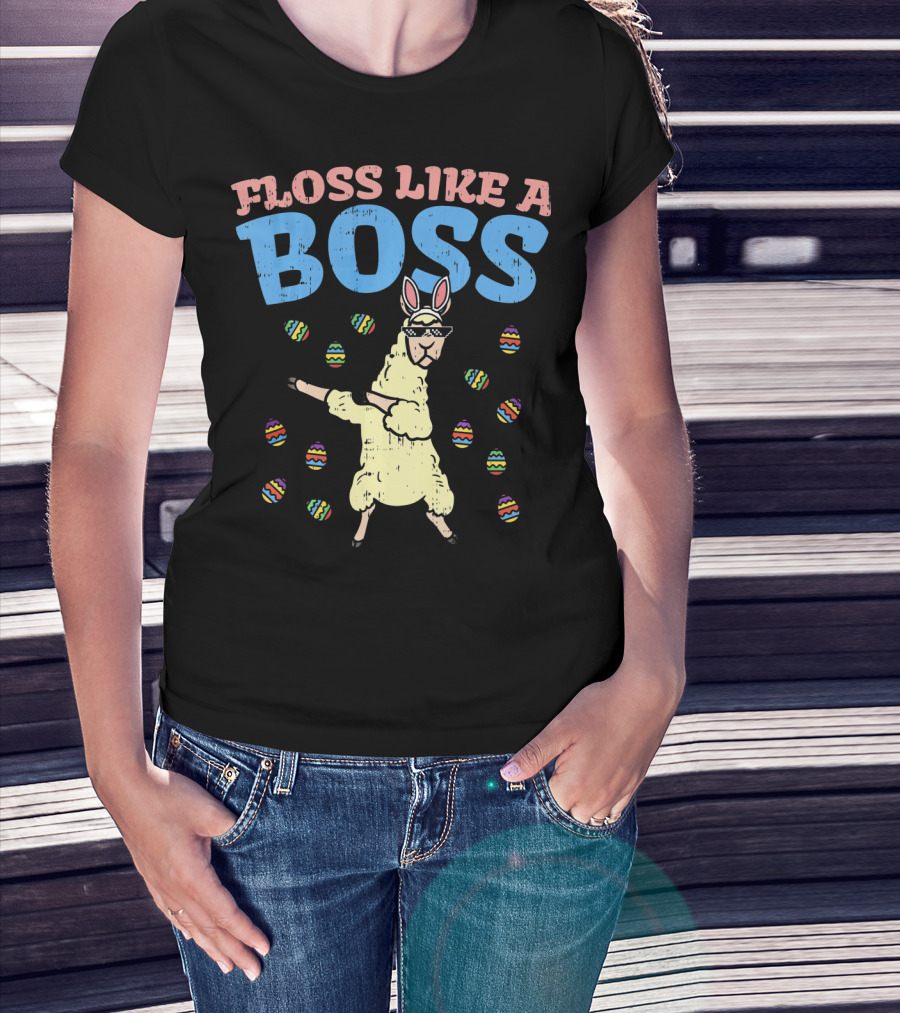 Floss Like A Boss Easter Llama Dancing With Bunny Ears And Colorful Eggs T-Shirt