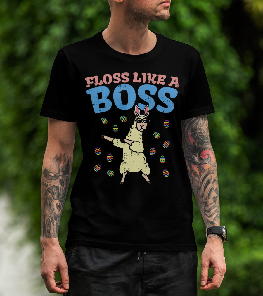 Floss Like A Boss Easter Llama Dancing With Bunny Ears And Colorful Eggs T-Shirt