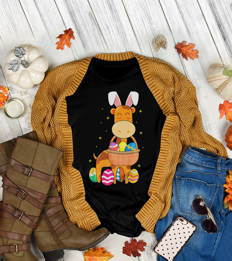 Giraffe Easter Egg Bunny Holding Basket of Colorful Eggs and Wearing Bunny Ears T-Shirt