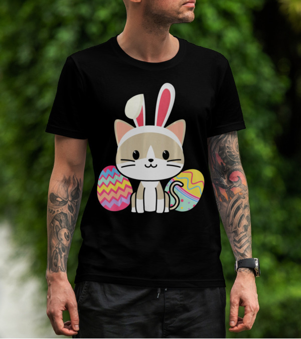 Easter Cat With Bunny Ears And Colorful Easter Eggs T-Shirt