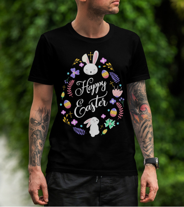 Happy Easter Christian Bunny Eggs Flowers Crosses T-Shirt