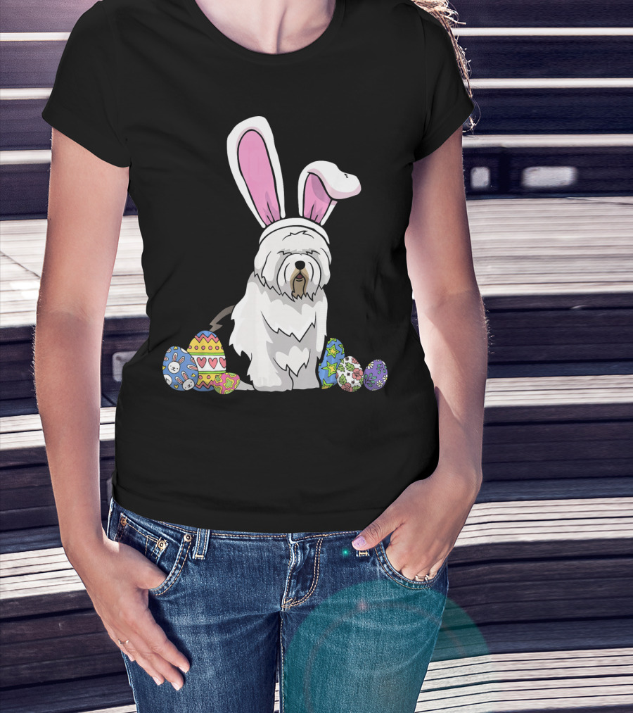 Old English Sheepdog Dressed As Easter Bunny With Colorful Eggs T-Shirt