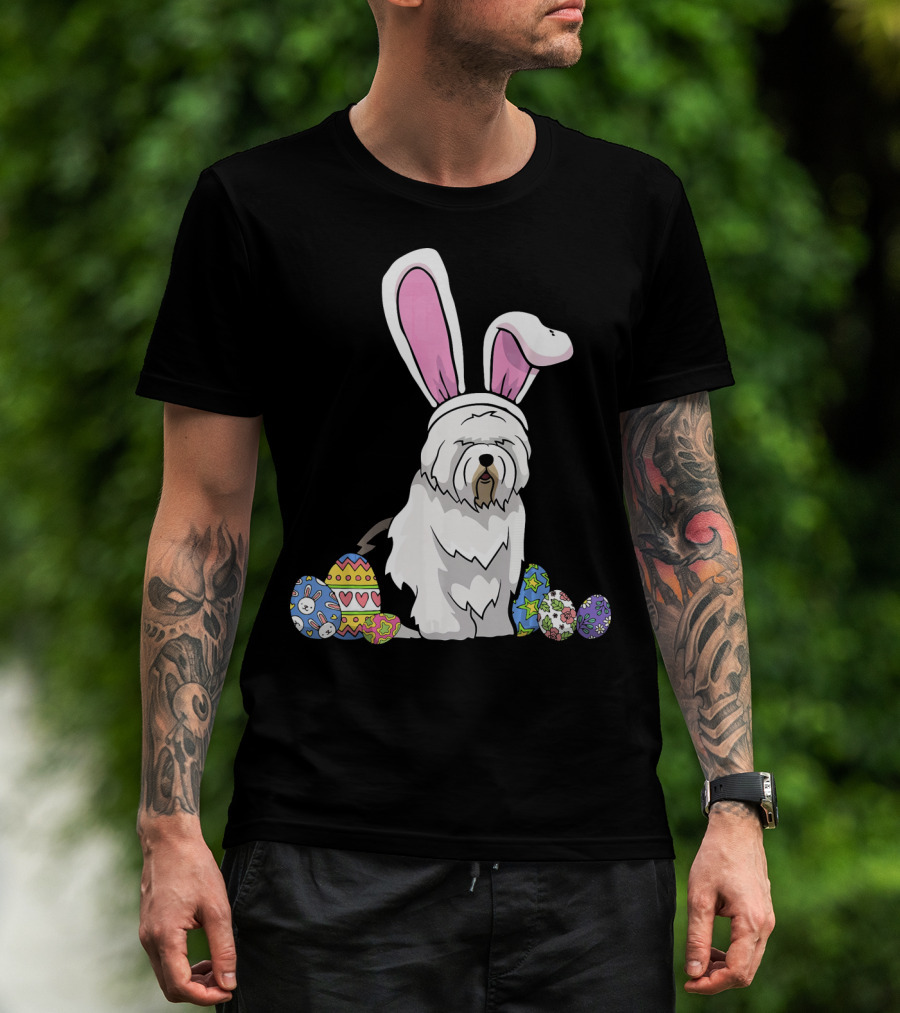 Old English Sheepdog Dressed As Easter Bunny With Colorful Eggs T-Shirt