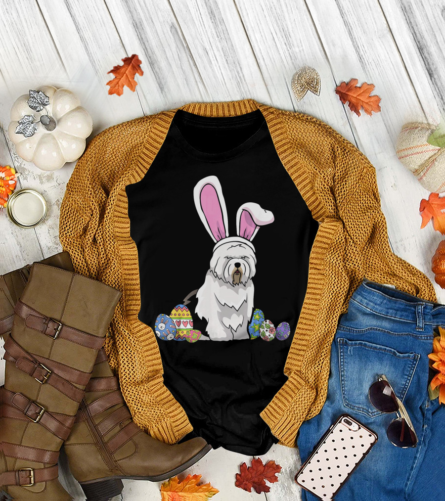 Old English Sheepdog Dressed as Easter Bunny with Colorful Eggs T-Shirt