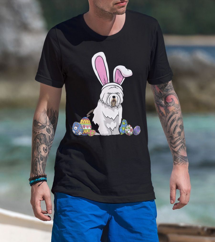 Old English Sheepdog Dressed As Easter Bunny With Colorful Eggs T-Shirt
