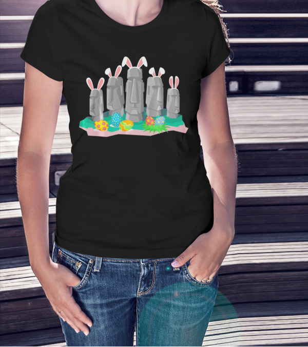 Easter Island Statues With Bunny Ears And Easter Eggs Holiday Humor T-Shirt