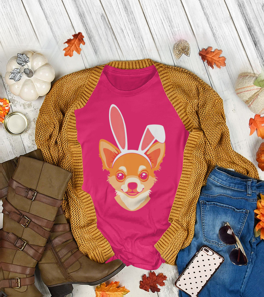 Easter Joy Chihuahua with Bunny Ears Cartoon T-Shirt