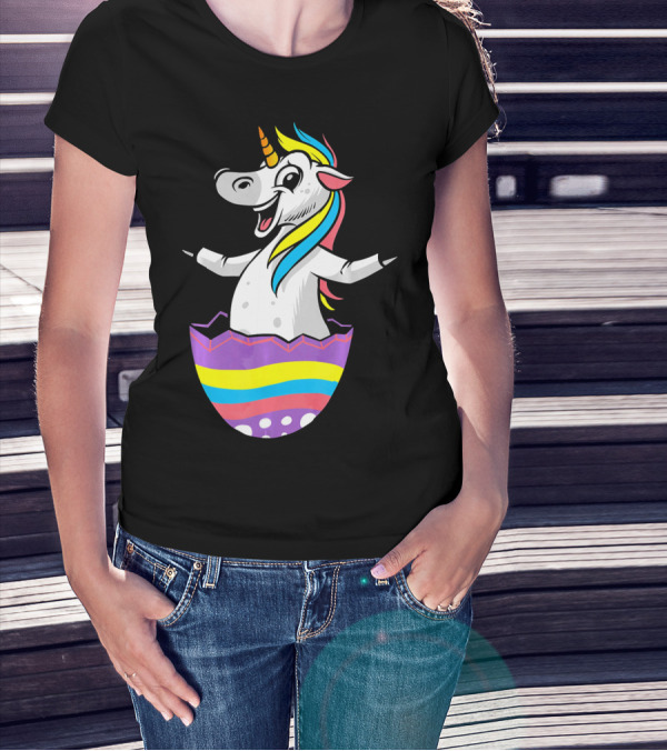 Easter Unicorn In Colorful Striped Egg T-Shirt