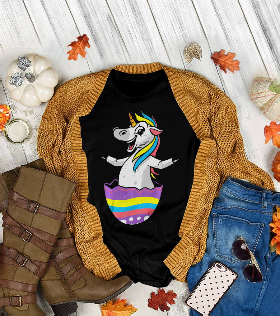 Easter Unicorn in Colorful Striped Egg T-Shirt