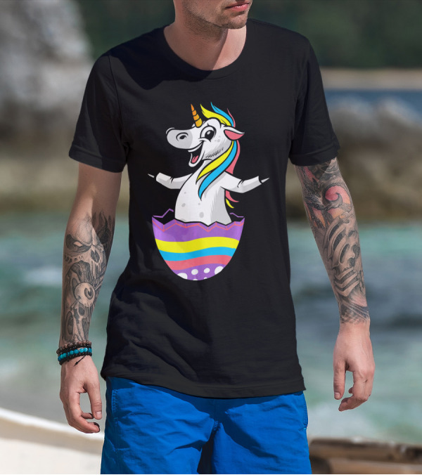 Easter Unicorn In Colorful Striped Egg T-Shirt