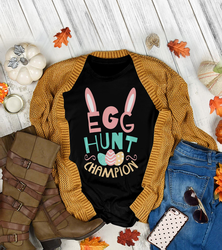 Egg Hunt Champion Easter Bunny Ears and Colorful Eggs T-Shirt