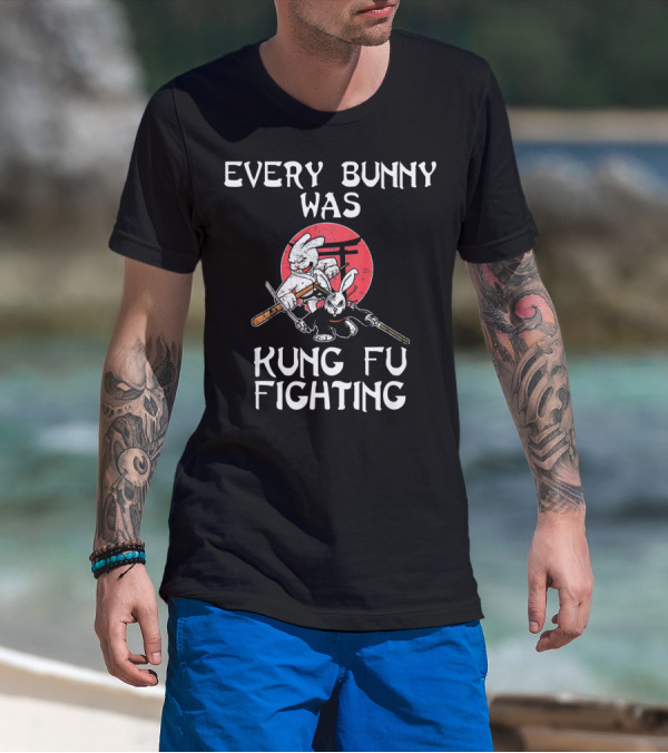 Every Bunny Was Kung Fu Fighting Easter Rabbits With Swords And Red Circle Background T-Shirt