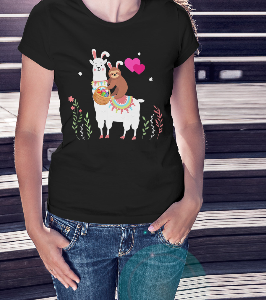 Sloth With Basket On Llama Wearing Easter Bunny Ears With Hearts And Flowers T-Shirt