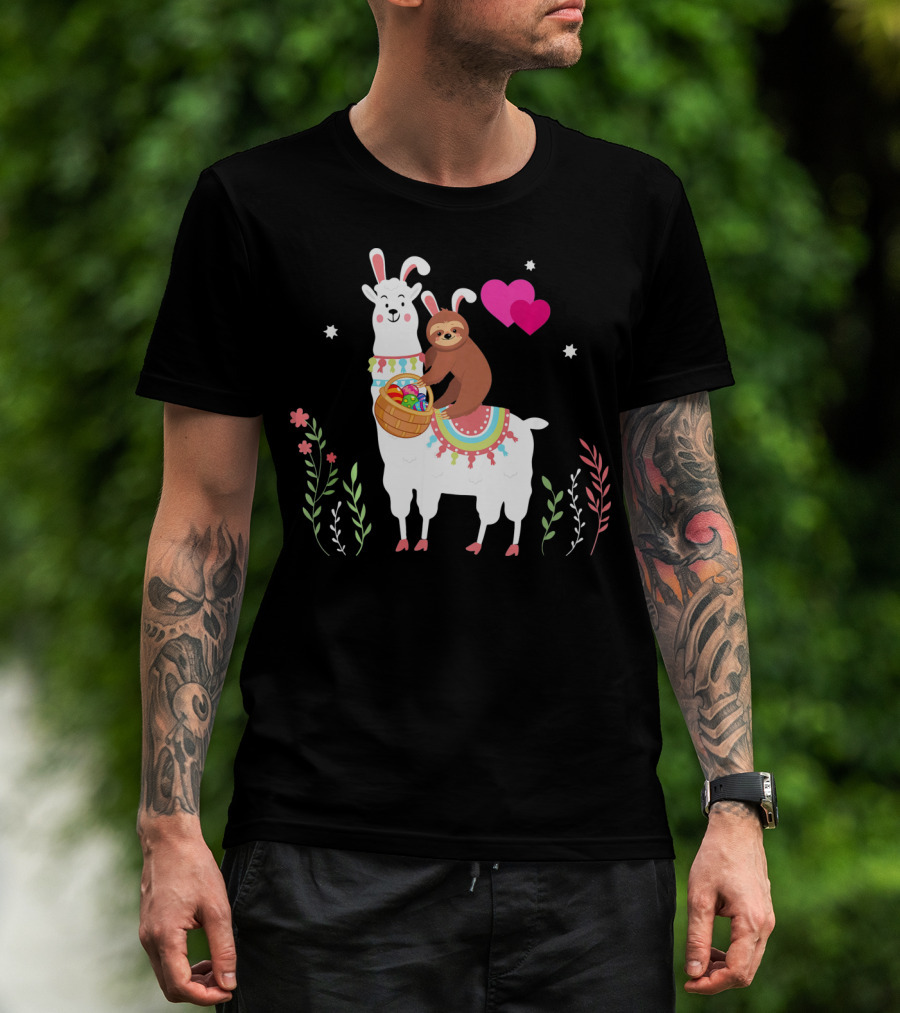 Sloth With Basket On Llama Wearing Easter Bunny Ears With Hearts And Flowers T-Shirt
