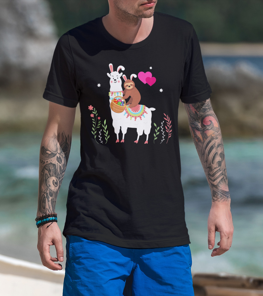 Sloth With Basket On Llama Wearing Easter Bunny Ears With Hearts And Flowers T-Shirt