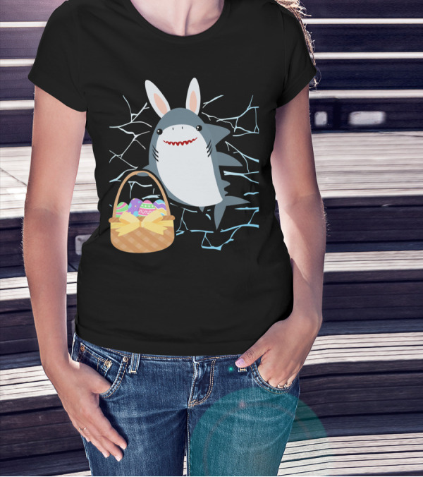 Easter Bunny Shark With Basket Of Eggs And Funny Expression T-Shirt