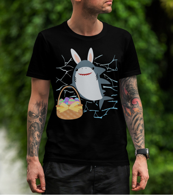 Easter Bunny Shark With Basket Of Eggs And Funny Expression T-Shirt