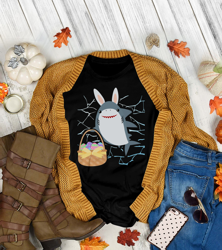 Easter Bunny Shark with Basket of Eggs and Funny Expression T-Shirt