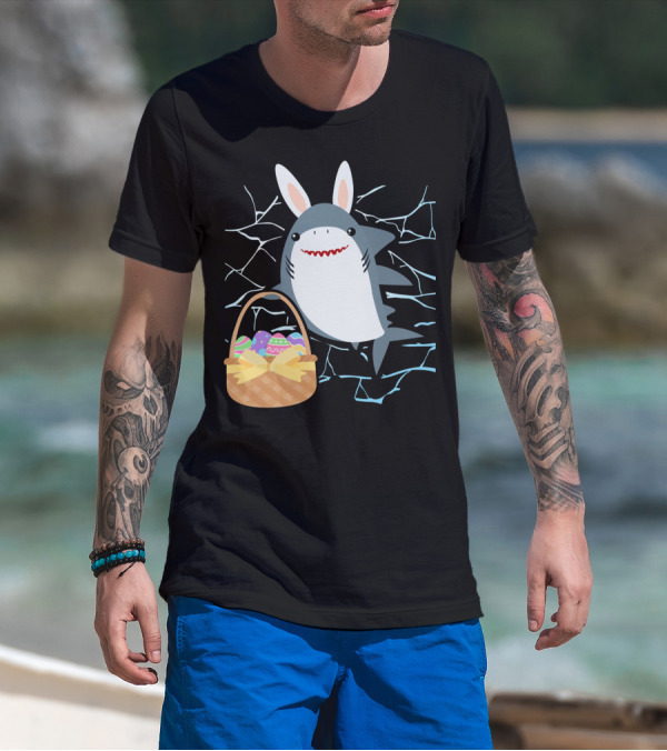 Easter Bunny Shark With Basket Of Eggs And Funny Expression T-Shirt