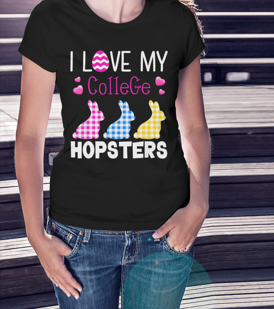 I Love My College Hopsters Easter Bunnies Plaid Hearts T-Shirt
