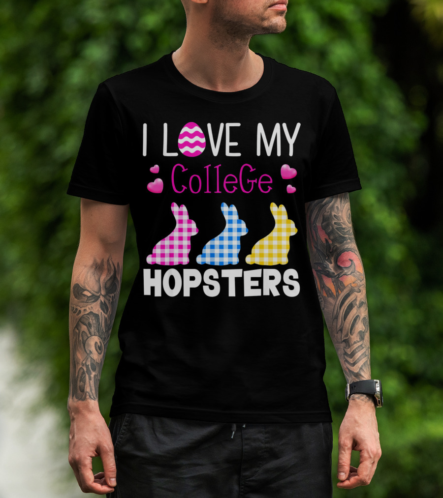 I Love My College Hopsters Easter Bunnies Plaid Hearts T-Shirt