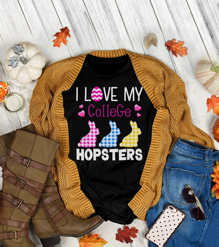 I Love My College Hopsters Easter Bunnies Plaid Hearts T-Shirt