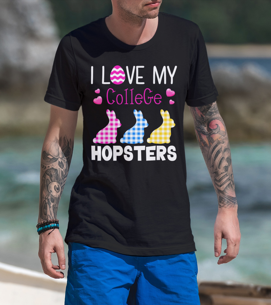 I Love My College Hopsters Easter Bunnies Plaid Hearts T-Shirt