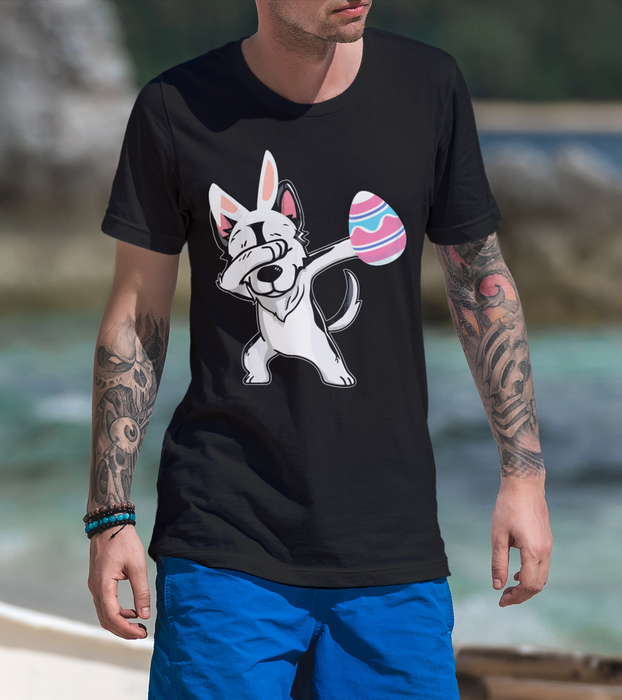 Easter Bunny Ears Dabbing Husky With Colorful Egg T-Shirt
