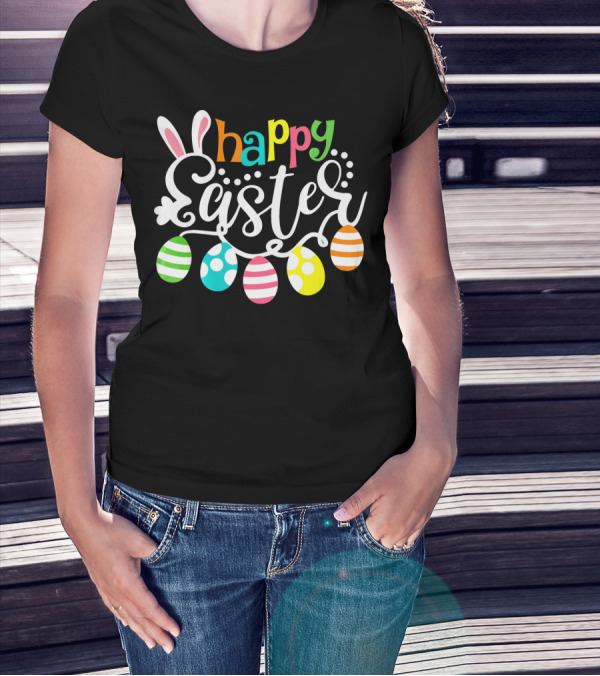 Happy Easter Cute Bunny And Colorful Easter Egg Garland T-Shirt