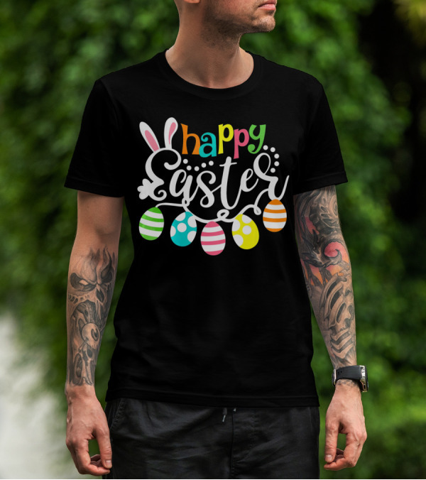 Happy Easter Cute Bunny And Colorful Easter Egg Garland T-Shirt