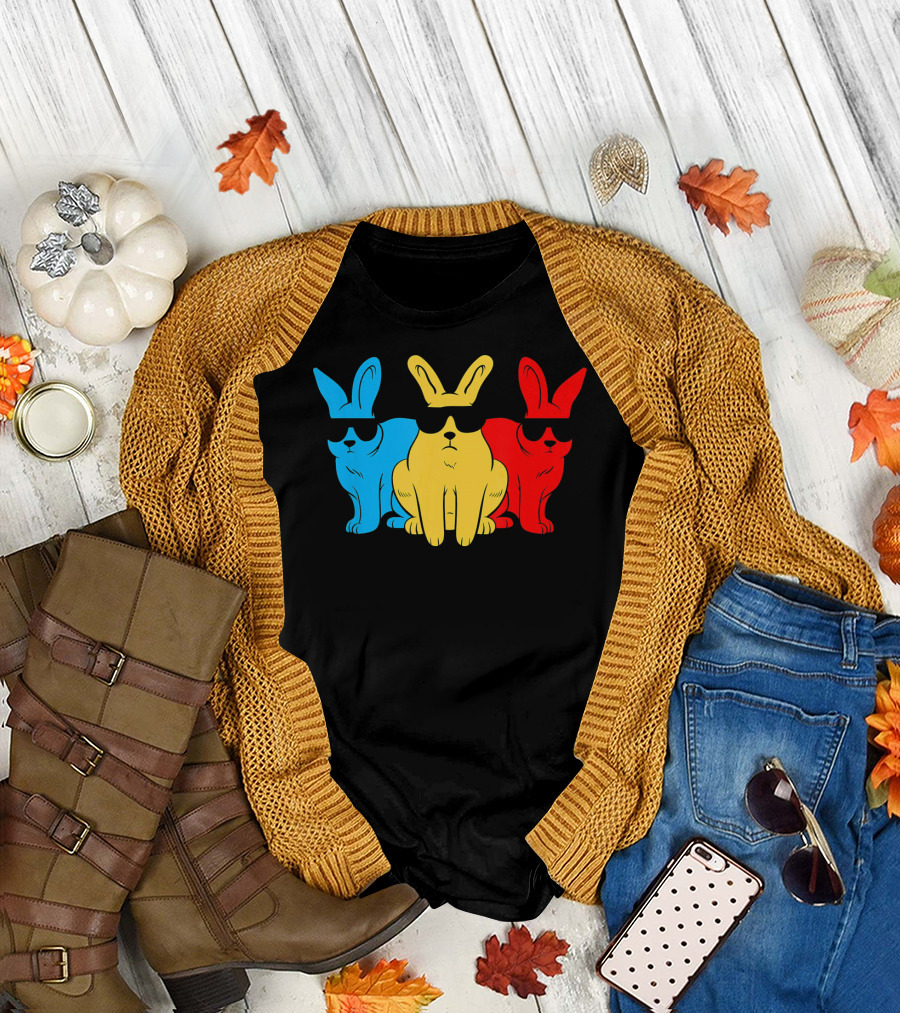 Hip Trio Bunnies Shades Funny Hipster Blue Yellow Red T-Shirt
