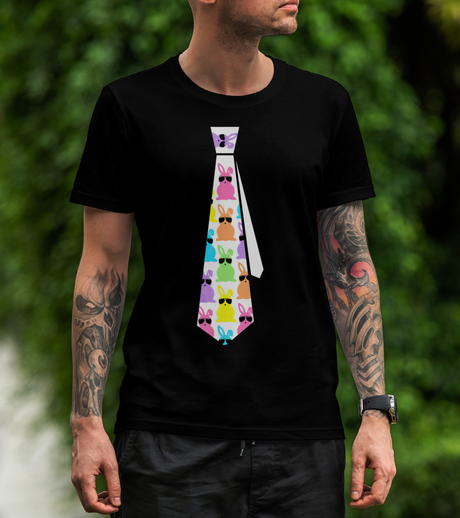 Funny Colorful Easter Bunny Necktie With Sunglasses T-Shirt