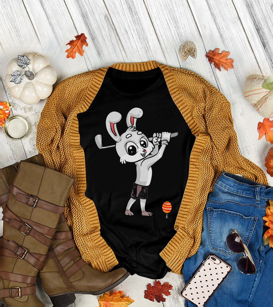 Funny Easter Bunny Playing Golf with Striped Egg T-Shirt